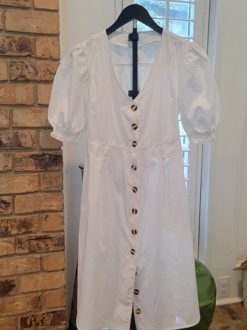 White Puff Sleeve Button-Front Maxi Dress